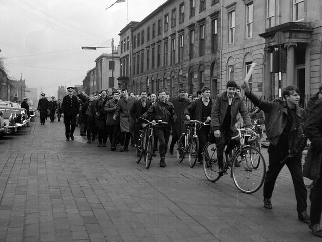 Glasgow engineering apprentices march to Pitt Street for strike meetings in 1964.