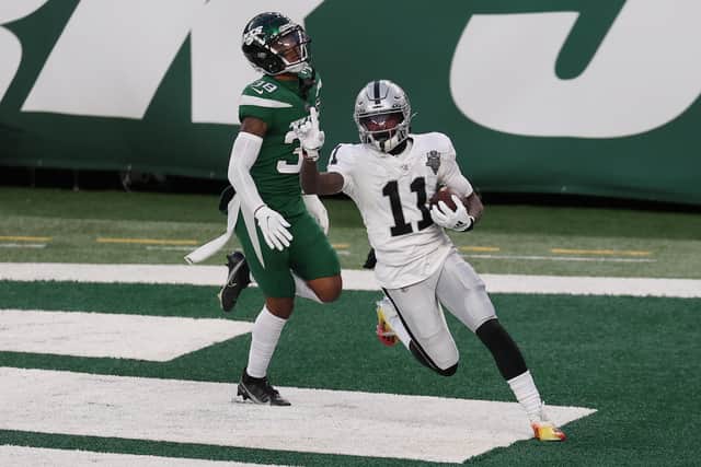Henry Ruggs of the Las Vegas Raiders reacts after scoring a late, late winning touchdown against the New York Jets who had led with five seconds remaining. Picture: Al Bello/Getty Images