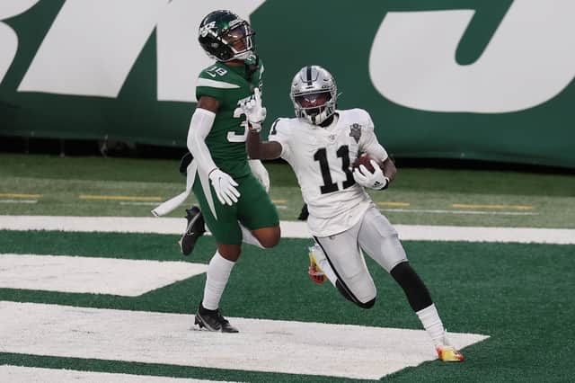 Henry Ruggs of the Las Vegas Raiders reacts after scoring a late, late winning touchdown against the New York Jets who had led with five seconds remaining. Picture: Al Bello/Getty Images