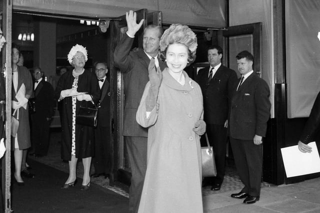The Queen and the Duke of Edinburgh leave the ABC Cinema in September 1964 after watching a film about the Forth Road Bridge.