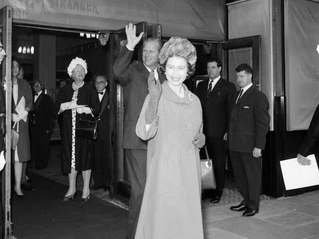 The Queen and the Duke of Edinburgh leave the ABC Cinema in September 1964 after watching a film about the Forth Road Bridge.