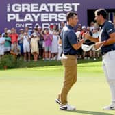 Rory McIlroy and Adrian Otaegui shake hands after finishing their second round in last week's DP World Tour Championship on the Earth Course at Jumeirah Golf Estates in Dubai. Picture: Andrew Redington/Getty Images.