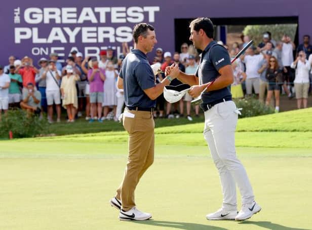 Rory McIlroy and Adrian Otaegui shake hands after finishing their second round in last week's DP World Tour Championship on the Earth Course at Jumeirah Golf Estates in Dubai. Picture: Andrew Redington/Getty Images.