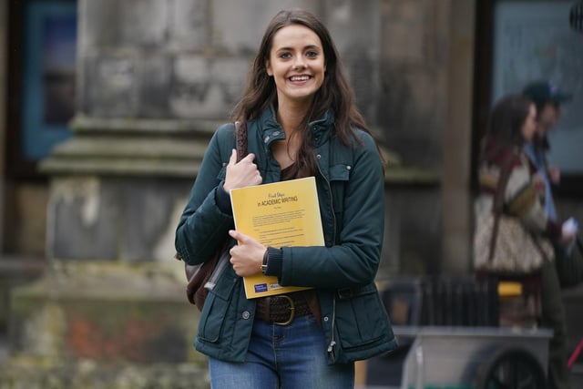 Actress Meg Bellamy was carrying a book entitled First Steps In Academic Writing.