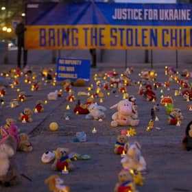 Teddy bears and toys represent the thousands of children abducted by Russian forces in Ukraine at this protest in Brussels last month (Picture: Nicolas Maeterlinck/Belga Mag/AFP via Getty Images)