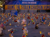 Teddy bears and toys represent the thousands of children abducted by Russian forces in Ukraine at this protest in Brussels last month (Picture: Nicolas Maeterlinck/Belga Mag/AFP via Getty Images)