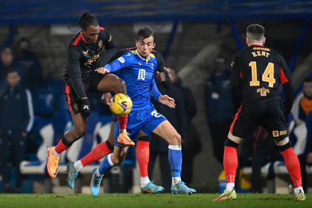 PERTH, SCOTLAND - MARCH 02: Joe Aribo and Tom Sang  in action during a Cinch Premiership match between St Johnstone and Rangers at McDermid Park, on March 02, in Perth, Scotland.  (Photo by Rob Casey / SNS Group)