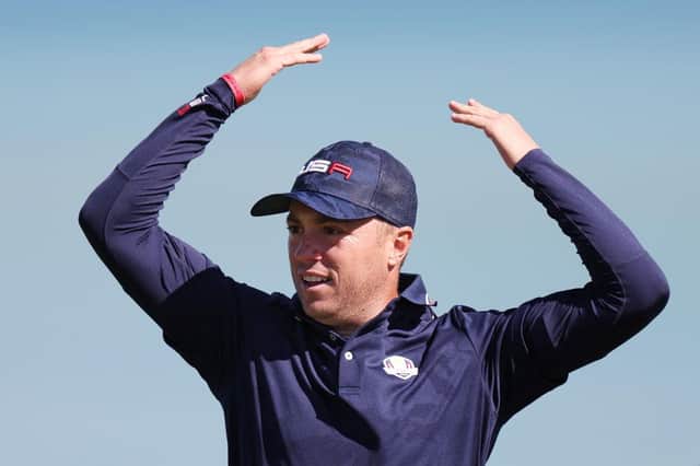 Justin Thomas celebrates on the 16th green during the Saturday morning foursomes in the 43rd Ryder Cup at Whistling Straits. Picture: Richard Heathcote/Getty Images.