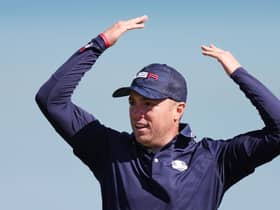 Justin Thomas celebrates on the 16th green during the Saturday morning foursomes in the 43rd Ryder Cup at Whistling Straits. Picture: Richard Heathcote/Getty Images.