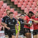 Disappointment for Glasgow Warriors in Johannesburg as Emirates Lions' Rabz Maxwane and Morne van den Berg celebrate the former's try.  (Photo by Steve Haag Sports/INPHO/Shutterstock)