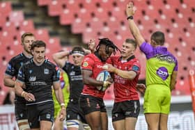 Disappointment for Glasgow Warriors in Johannesburg as Emirates Lions' Rabz Maxwane and Morne van den Berg celebrate the former's try.  (Photo by Steve Haag Sports/INPHO/Shutterstock)