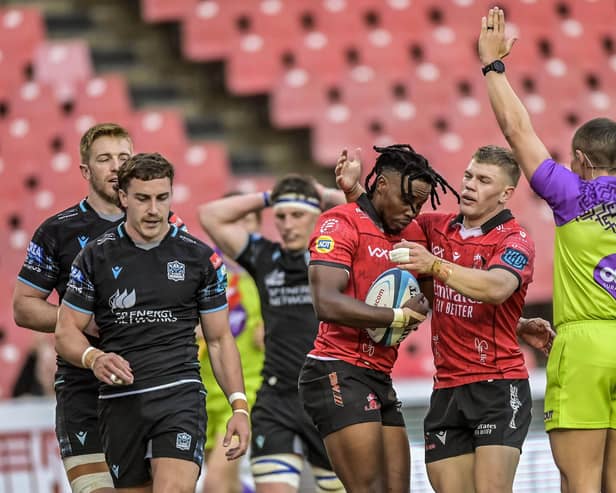 Disappointment for Glasgow Warriors in Johannesburg as Emirates Lions' Rabz Maxwane and Morne van den Berg celebrate the former's try.  (Photo by Steve Haag Sports/INPHO/Shutterstock)