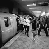 Passengers leaving the subway train at St Enboch underground station in Glasgow, December 1986.