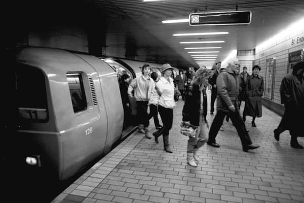 Passengers leaving the subway train at St Enboch underground station in Glasgow, December 1986.