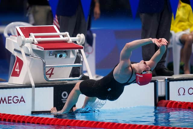 Great Britain's Kathleen Dawson slips as she pushes off the wall on the first leg of the Mixed 4 x 100m medley relay during the swimming event at the Tokyo 2020 Olympic Games in Japan last summer.