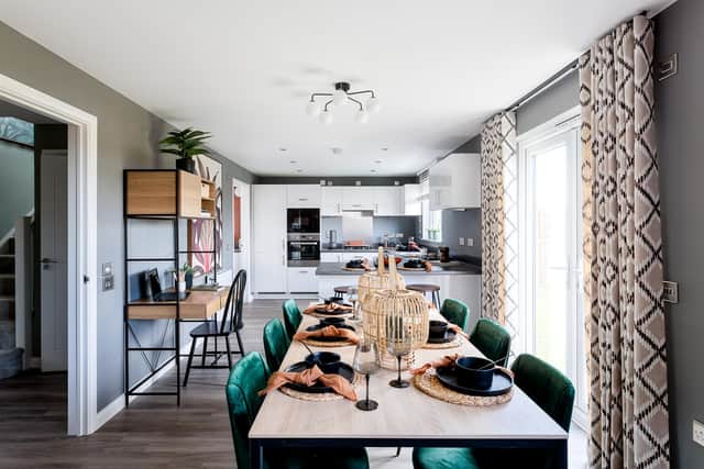 The open-plan kitchen and dining space in the Maxwell benefits from French doors