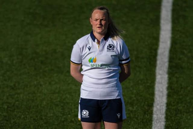 Scotland’s Siobhan Cattigan during the anthems before the Women's Six Nations match between Scotland and Italy at Scotstoun Stadium, on April 17, 2021, in Glasgow, Scotland. (Photo by Ross MacDonald / SNS Group)