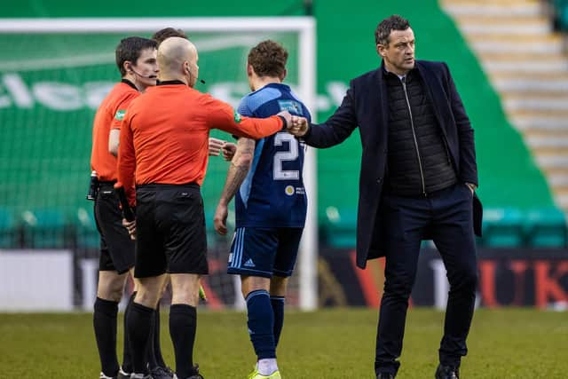 Hibs manager Jack Ross with referee Craig Napier and his officials during after the recent league match against Hamilton at Easter Road. Photo by: Craig Williamson/SNS Group