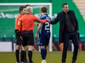 Hibs manager Jack Ross with referee Craig Napier and his officials during after the recent league match against Hamilton at Easter Road. Photo by: Craig Williamson/SNS Group