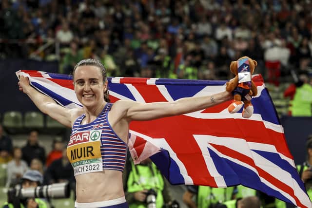 Gold medalist Laura Muir of Great Britain celebrates after the Athletics - Women's 1500m Final on day 9 of the European Championships Munich 2022 at Olympiapark on August 19, 2022 in Munich, Germany. (Photo by Maja Hitij/Getty Images)