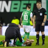 Hibs midfielder Josh Campbell goes down injured during the league clash with Hearts at Easter Road. Photo by Alan Harvey / SNS Group