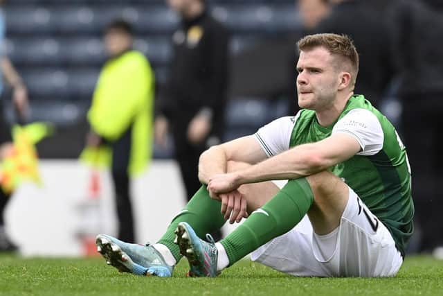 Hibs' Chris Cadden can't hide his dejection at the full-time whistle.