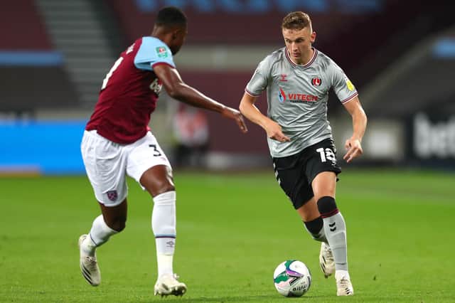 Alfie Doughty in action for Charlton Athletic against West Ham United.