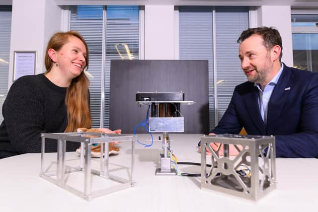 Paul Bate (right), chief executive of the UK Space Agency, joins Zaria Serfontein, co-founder of Frontier Space Technologies, at the UK Space Agency offices in Westminster. Picture: Matt Crossick
