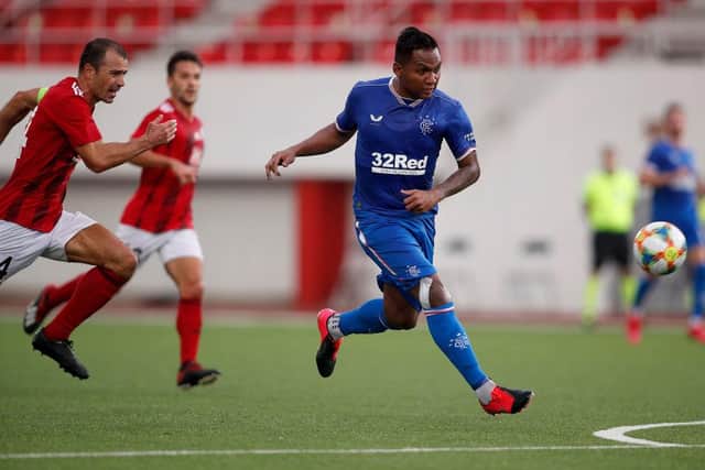 GIBRALTAR, GIBRALTAR - SEPTEMBER 17: Alfredo Morelos of Rangers scores his team's fifth goal during the UEFA Europa League second qualifying round match between Lincoln Red Imps and Rangers at Victoria Stadium on September 17, 2020 in Gibraltar, Gibraltar. (Photo by Fran Santiago/Getty Images)