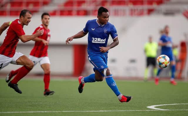 GIBRALTAR, GIBRALTAR - SEPTEMBER 17: Alfredo Morelos of Rangers scores his team's fifth goal during the UEFA Europa League second qualifying round match between Lincoln Red Imps and Rangers at Victoria Stadium on September 17, 2020 in Gibraltar, Gibraltar. (Photo by Fran Santiago/Getty Images)