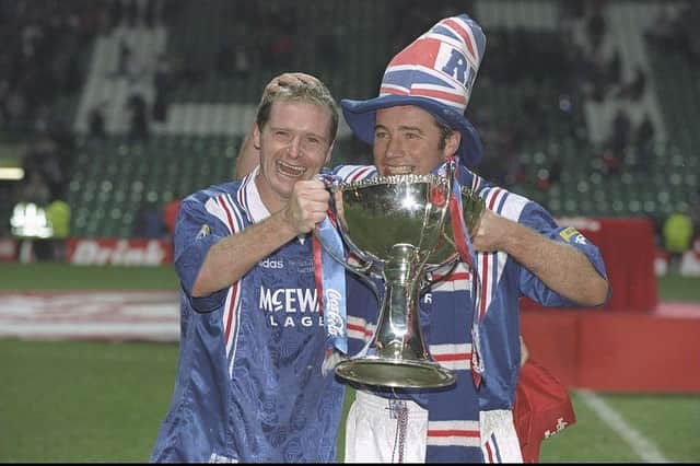 Paul Gascoigne and Ally McCoist (Photo by Mark Thompson/Allsport)
