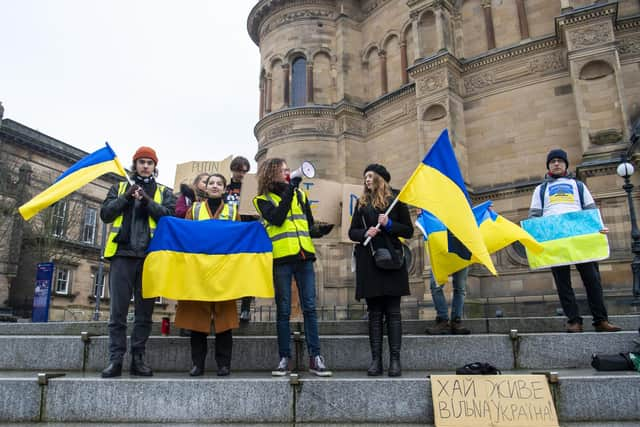 Edinburgh University students staged a protest on Thursday morning in support of Ukraine. Picture: Lisa Ferguson




Edinburgh Universty Polish Society organise a protest in Bristo Square this morning in support of Ukraine 'Stand with Ukrine'