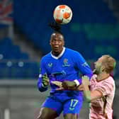 Rangers' Nigerian midfielder Joe Aribo (L) and Leipzig's Austrian midfielder Konrad Laimer both jump to head the ball during the UEFA Europa League semi-final, first leg - Kenny Miller believes Aribo is an option up front for the second leg at Ibrox. (Photo by JOHN MACDOUGALL/AFP via Getty Images)