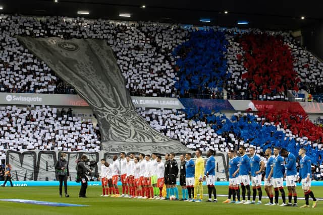 Rangers fans tifo display during a UEFA Europa League Quarter Final 2nd Leg match between Rangers and SC Braga at Ibrox, on April 14, 2022, in Glasgow, Scotland.  (Photo by Alan Harvey / SNS Group)
