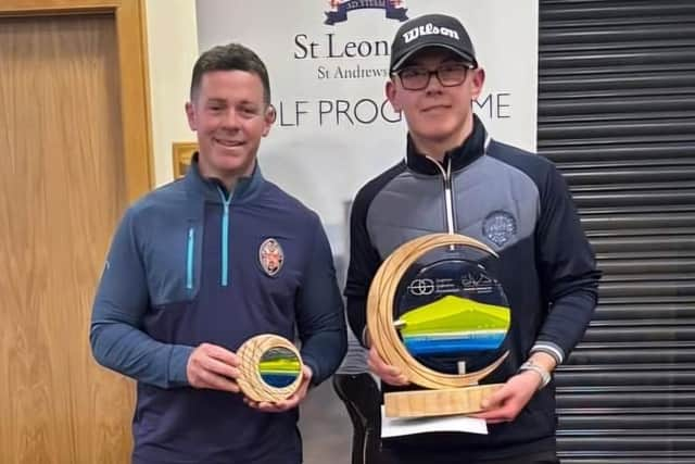 Bathgate's James Wood, right, shows off The Foundations Trophy alongside Fintan Bonner, the St Leonards School in St Andrews golf coach, after his nine-shot success at Blairgowrie. Picture: SGF