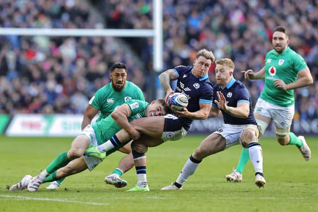 Stuart Hogg of Scotland is tackled by Garry Ringrose of Ireland during the Six Nations clash at BT Murrayfield.