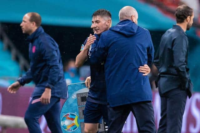 Billy Gilmour, pictured being congratulated by Scotland manager Steve Clarke at Wembley last Friday night, will miss the decisive Group D fixture against Croatia at Hampden on Tuesday night. (Photo by Alan Harvey / SNS Group)