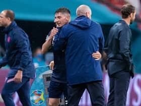Billy Gilmour, pictured being congratulated by Scotland manager Steve Clarke at Wembley last Friday night, will miss the decisive Group D fixture against Croatia at Hampden on Tuesday night. (Photo by Alan Harvey / SNS Group)