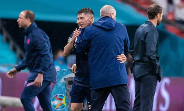 Billy Gilmour, pictured being congratulated by Scotland manager Steve Clarke at Wembley last Friday night, will miss the decisive Group D fixture against Croatia at Hampden on Tuesday night. (Photo by Alan Harvey / SNS Group)