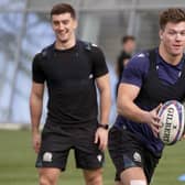 Huw Jones, right, during a Scotland training session at Oriam. He is likely to be partnered in the centre by Cam Redpath, left, against Italy on Saturday. (Photo by Craig Williamson / SNS Group)