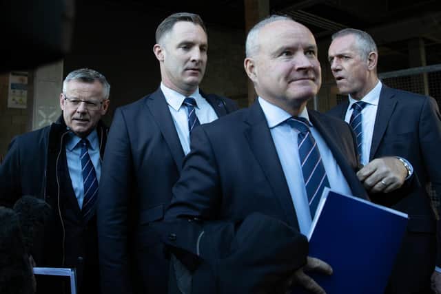 Rangers directors Stewart Robertson, Kenny Barclay and John Bennett during the Rangers AGM at the Clyde Auditorium. (Photo by Craig Williamson / SNS Group)