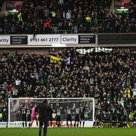 Celtic players celebrate in front of their fans after the 3-1 win over Hibs at Easter Road.  (Photo by Paul Devlin / SNS Group)