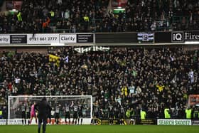 Celtic players celebrate in front of their fans after the 3-1 win over Hibs at Easter Road.  (Photo by Paul Devlin / SNS Group)