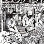 An illustration of metal working at the 1st Century smithy at the Swandro site. PIC: Swandro-Orkney Coastal Archaeology Trust.