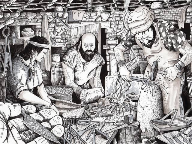 An illustration of metal working at the 1st Century smithy at the Swandro site. PIC: Swandro-Orkney Coastal Archaeology Trust.
