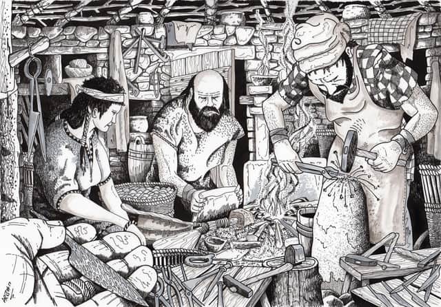 An illustration of metal working at the 1st Century smithy at the Swandro site. PIC: Swandro-Orkney Coastal Archaeology Trust.