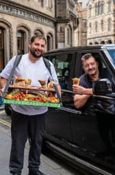 Chef Giulio handed out fresh Trapizzino pizza pockets to local taxi drivers.