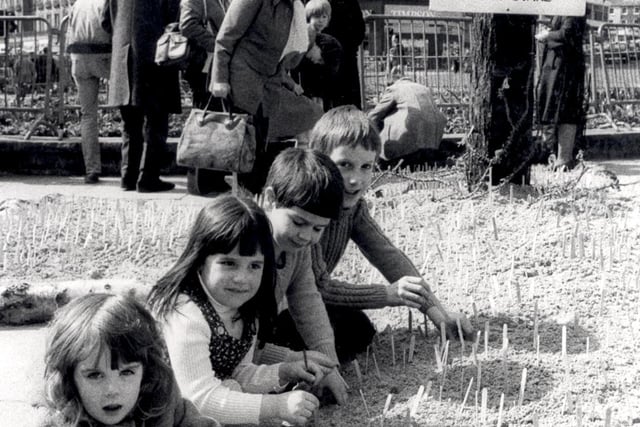 Youngsters plant prayers at the Easter cross in Fargate in 1981