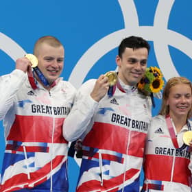 Kirkcadly’s Kathleen Dawson, far right, with teammates Adam Peaty, James Guy and Anna Hopkin. Picture: Getty