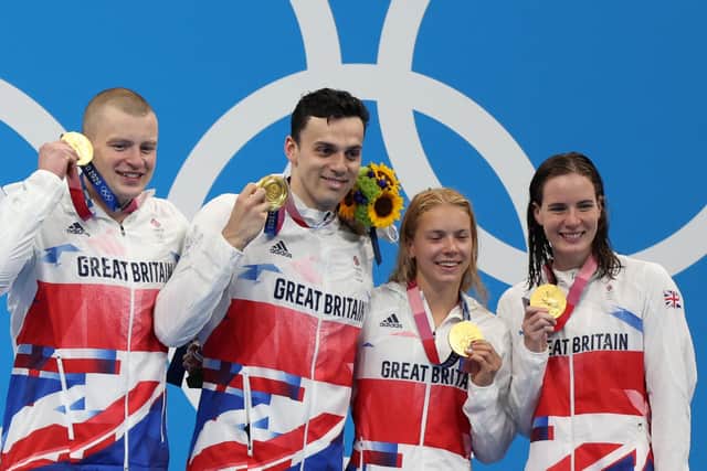 Kirkcadly’s Kathleen Dawson, far right, with teammates Adam Peaty, James Guy and Anna Hopkin. Picture: Getty